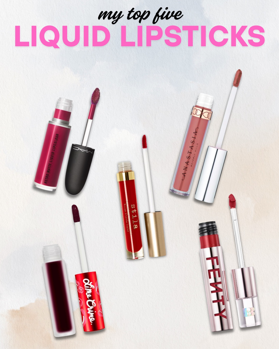 These are my top 5 liquid lipsticks for full coverage, long wear, and a flawless matte finish.

Lime Crime Velvetines – OG matte liquid lipstick. Super pigmented with a velvety finish that lasts all day.

Fenty Beauty Icon Velvet Liquid Lipstick – Plush, soft-matte formula with bold pigment. Glides on smooth and feels lightweight on the lips.

Anastasia Beverly Hills Liquid Lipstick – Full pigment, one swipe color. Matte but not drying and wears beautifully for hours.

Stila Stay All Day Liquid Lipstick – Creamy, long-lasting, and comfortable. Great shade range with no cracking.

MAC Retro Matte Liquid Lipcolour – Intense, full-coverage color with that classic MAC matte finish. Sets down and stays put.

#Top5LiquidLipsticks #MatteLips #BoldLipLooks #LongwearLipColor #NoSmudgeLipstick #LiquidLipEssentials #LTKMakeup #LTKBeauty

#LTKBeauty