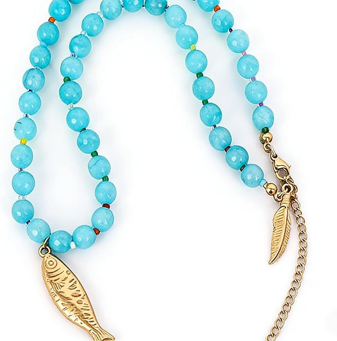 Boho Fish Pendant Necklace for Women Chunky Crystal Sardine Charm Necklace Natural Stone Bead Sta... | Amazon (US)