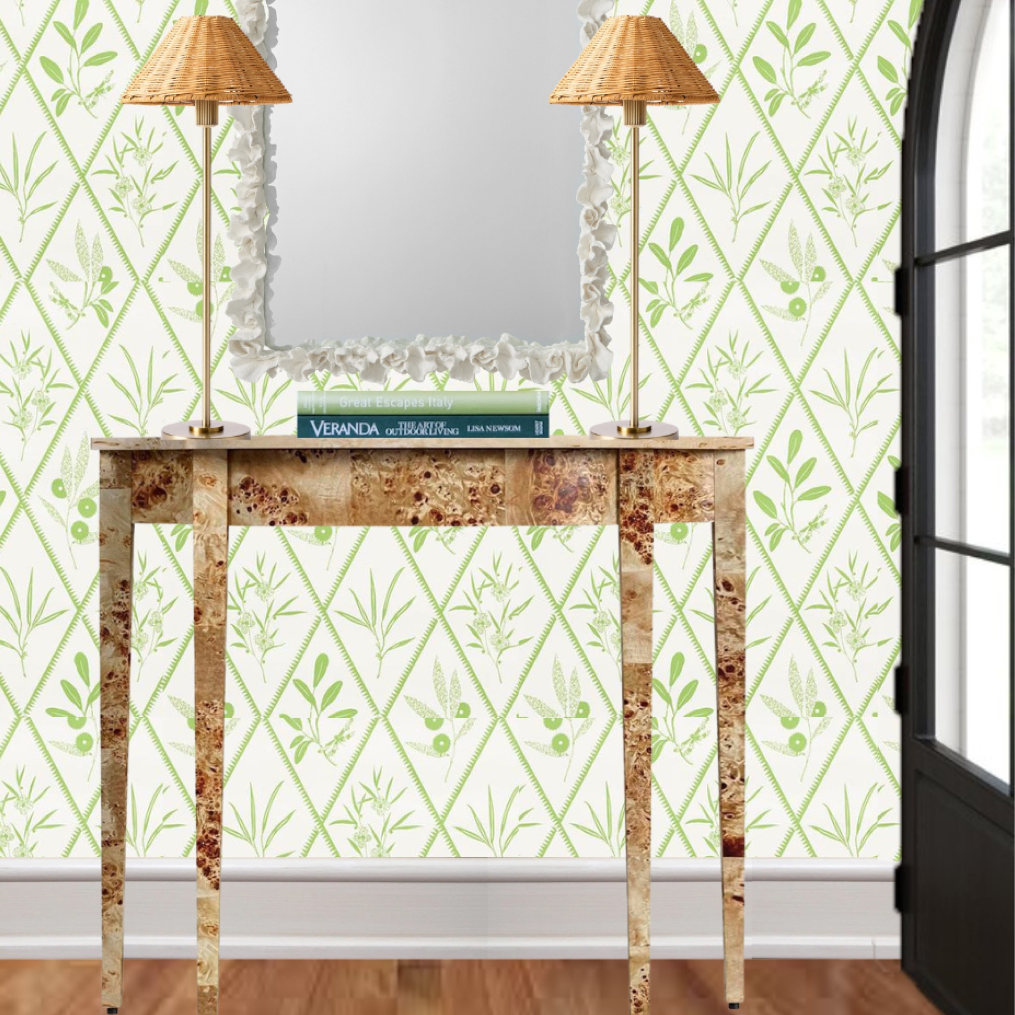 Interior design inspo; console styling; home inspo; rattan buffet lamp; burl wood table; entryway ideas; home decor; grandmillennial home; wallpaper

#LTKhome