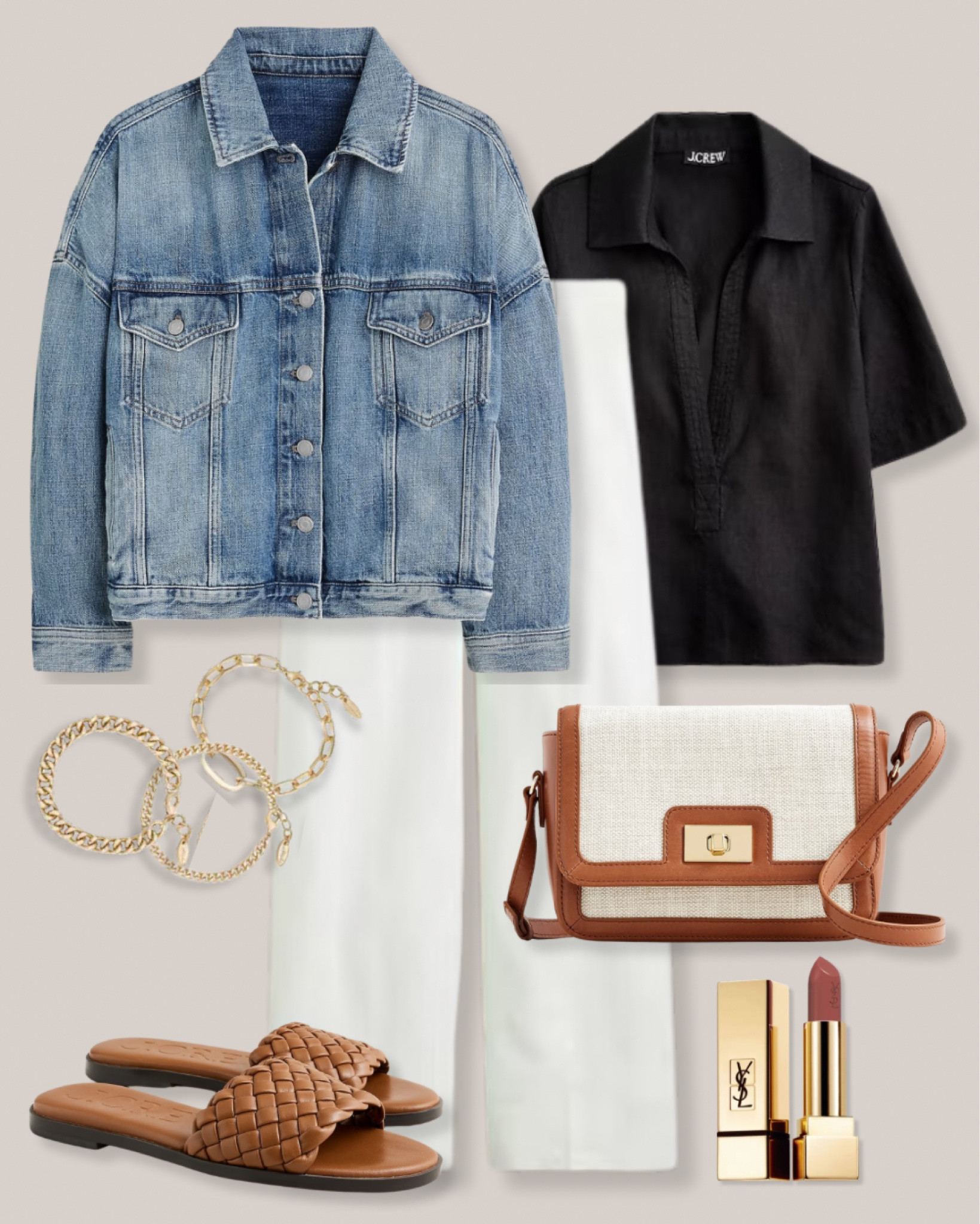 Denim jacket
Black shirt sleeve shirt
White pants
Brown canvas bag
Gold bracelets
Pink lipstick
Woven sandals
Brown sandals
J.Crew outfit
Spring outfit
Weekend outfit
Vacation outfit

#LTKstyletip #LTKSeasonal #LTKfindsunder100