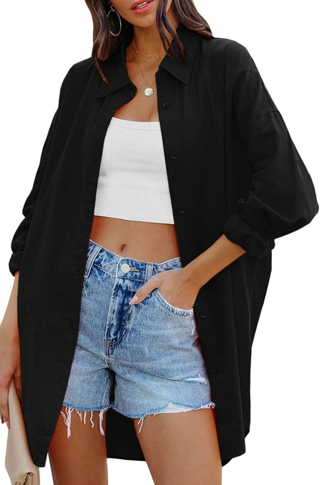 FSHAOES Womens Oversized Button Down Shirts Casual Loose Long Sleeve Solid Lapel Long Blouses Top... | Amazon (US)