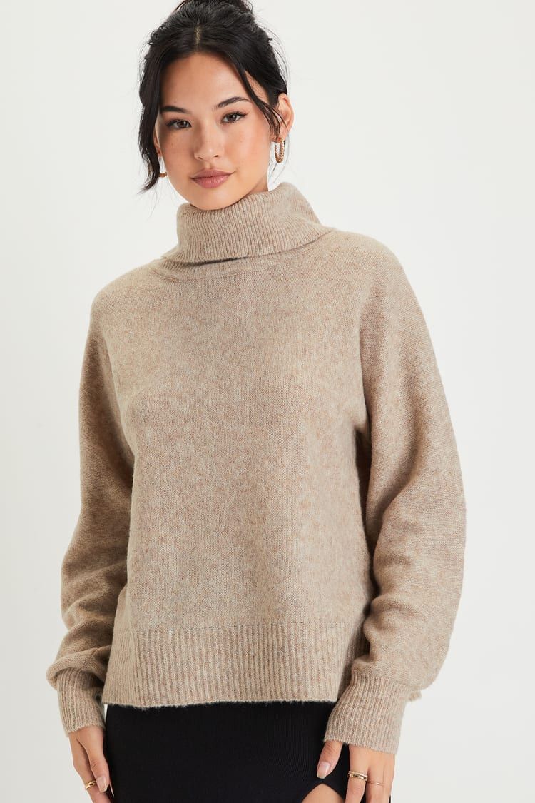 Coziest Pick Heather Taupe Turtleneck Oversized Sweater | Lulus