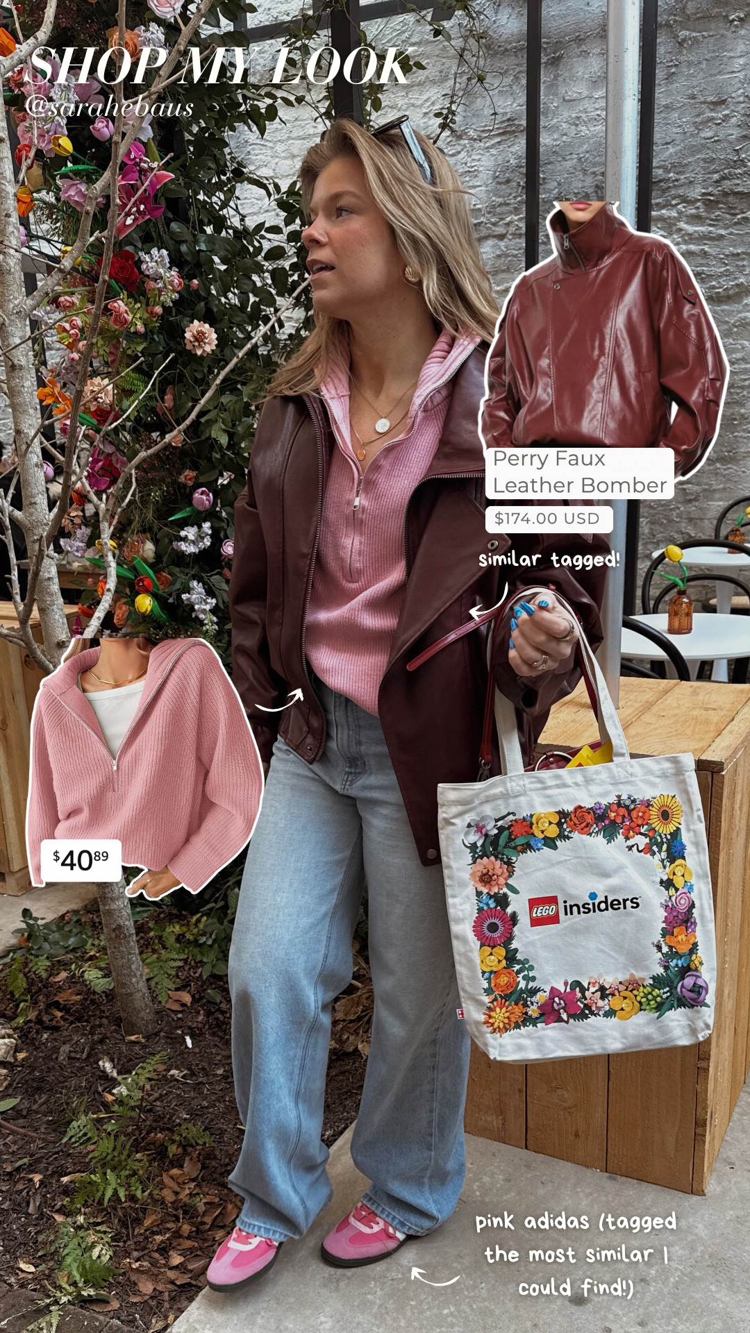 Valentine's day inspired outfit for the Lego Bloom Bar in CHS 💌💌💌

valentine's outfit, galentine's outfit, vday, valentines day, red jacket, leather jacket, pink sweater, quarter zip, adidas, adidas sambas, winter outfit, outfit inspo, streetwear 

 #LTKValentine #LTKootd