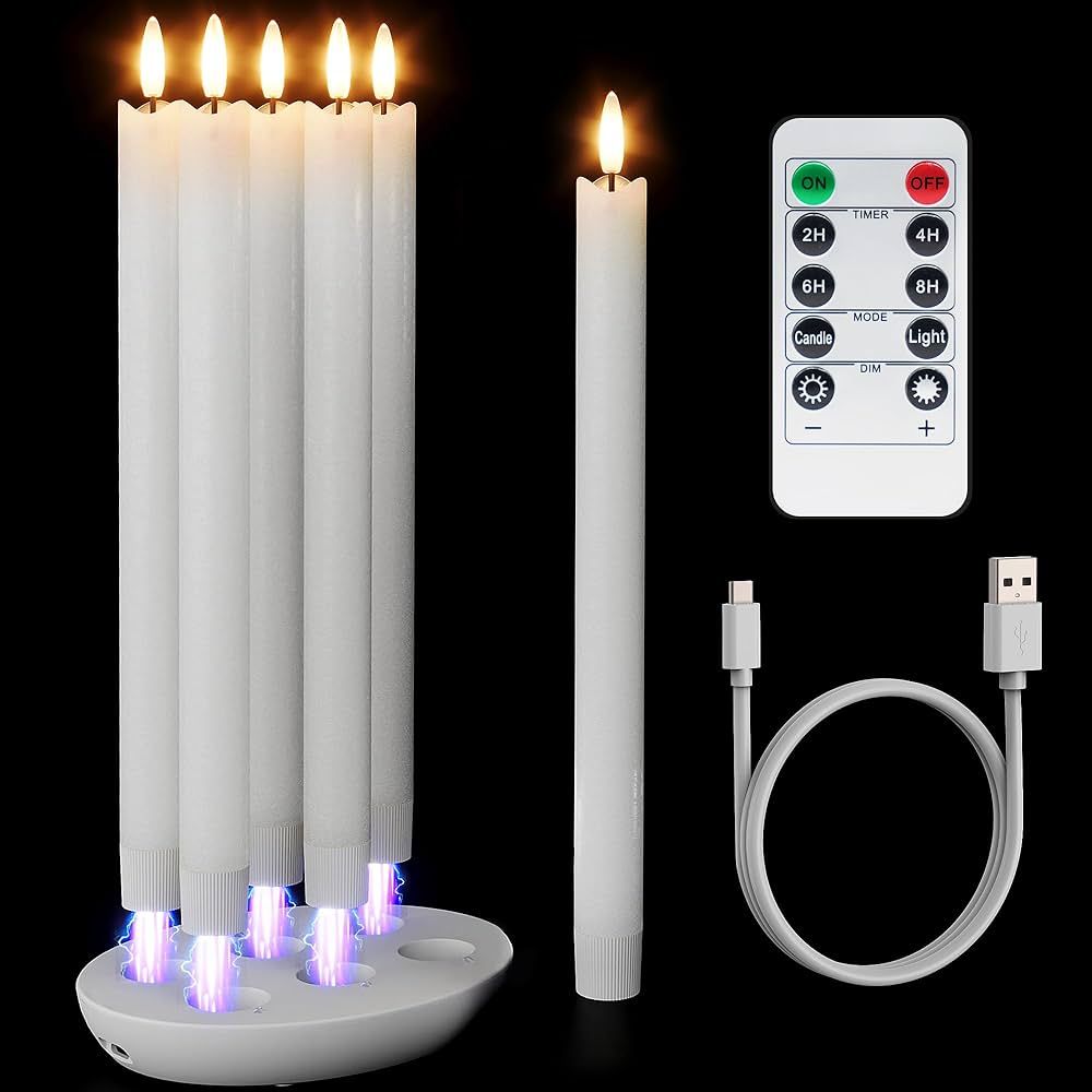 Patiphan Rechargeable Flameless Taper Candles with Charging Station, 6 Pcs Real Wax LED Taper Can... | Amazon (US)