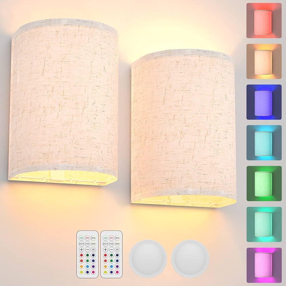 Battery Operated Wall Sconce Magnetic Wireless Lamp RGB Colors Dimmable with Fabric Linen Shade a... | Amazon (US)