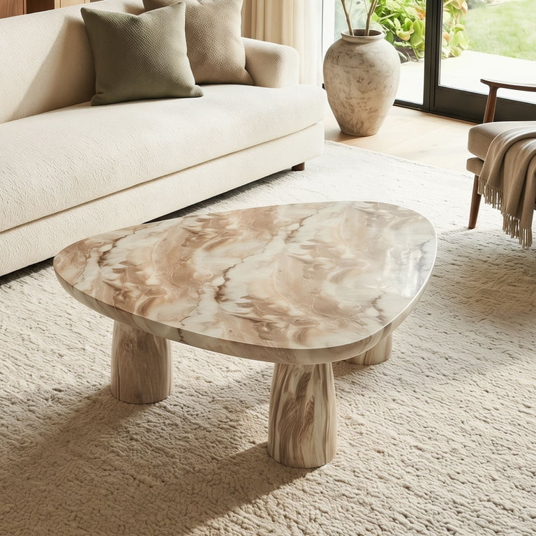 Dayalane 37.5" Modern Beige Triangle Coffee Table with Chunky Legs, Faux Marble Organic Center Ta... | Walmart (US)