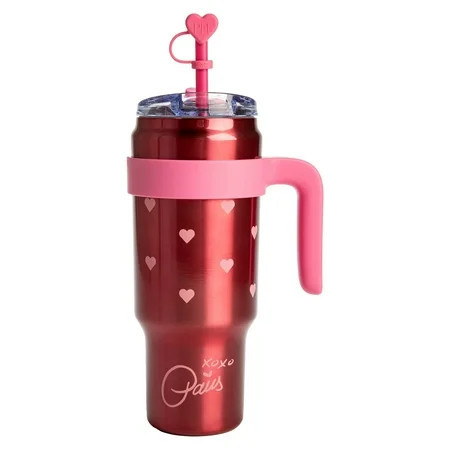 Paris Hilton 40oz Stainless Steel Tumbler with Removable Handle, Straw, and Lid, Pink with Hearts | Walmart (US)