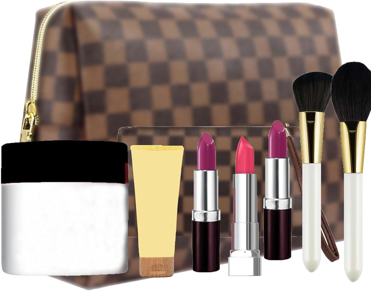 Makeup Bag, Cosmetic Bag, Portable Leather Large Checkered Makeup Bag, 2 Pack Large Capacity Trav... | Amazon (US)