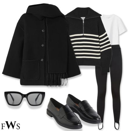 Fall comfy outfit 🖤 

Fall jacket, autumn jacket for cold, winter coat  scarf coat wool coats luxury mono chrome, monochromatic white T-shirts, stripe jumper, stripe, sweater, sweater, weather totem cos stirrup leggings all black total black every day outfit chic outfit, elegant outfit, effortless outfit, minimal outfit, European style, Parisian style oversize loafers 

#LTKU #LTKSeasonal #LTKover40