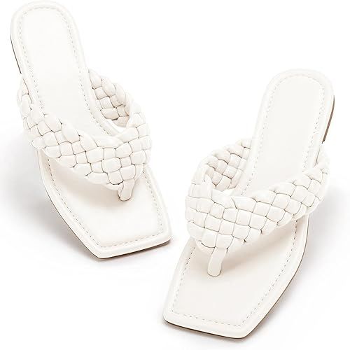 PiePieBuy Womens Slip On Sandal Square Open Toe Flip-Flop Braided Strap Low Heel Flat Shoes | Amazon (US)
