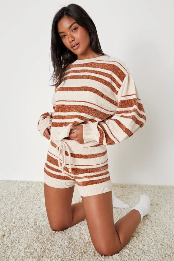 Oh-So Content Beige and Brown Striped Chenille Sweater Top | Lulus (US)