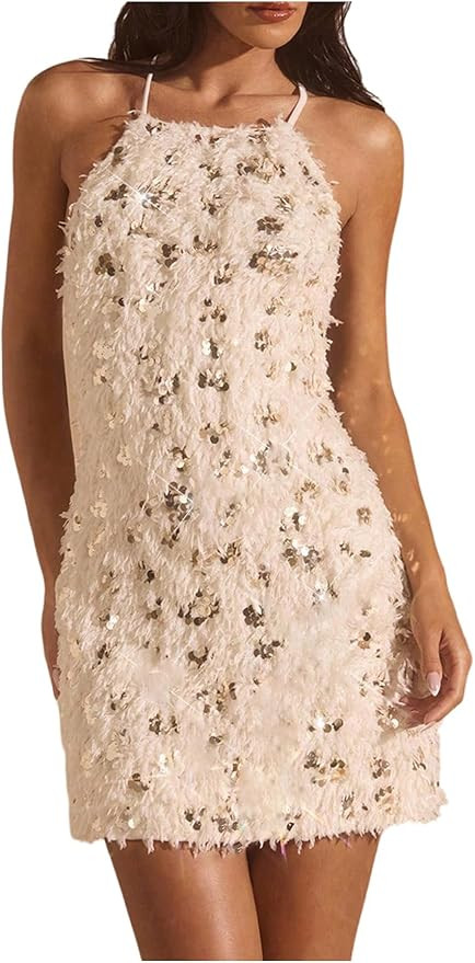 Floerns Women's Sparkly Sequin Fuzzy Halter Mini Dress Lace Up Backless Party Club Dresses | Amazon (US)