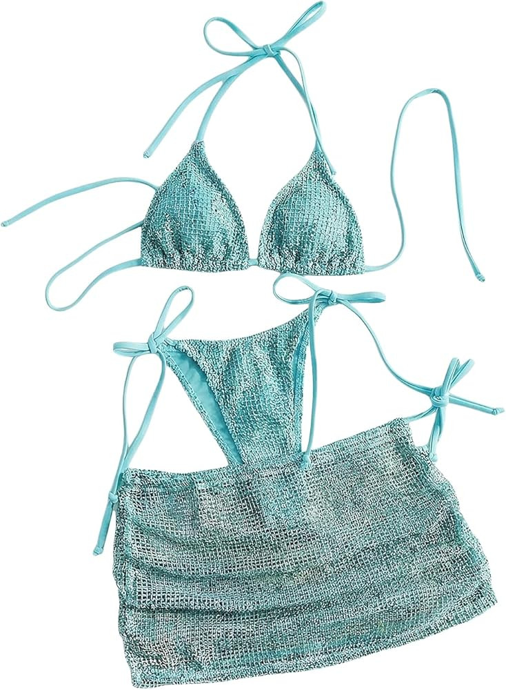 MakeMeChic Trajes de ba\u00f1o de 3 piezas para mujer, con tri\u00e1ngulo, bikini de ganchillo co... | Amazon (US)