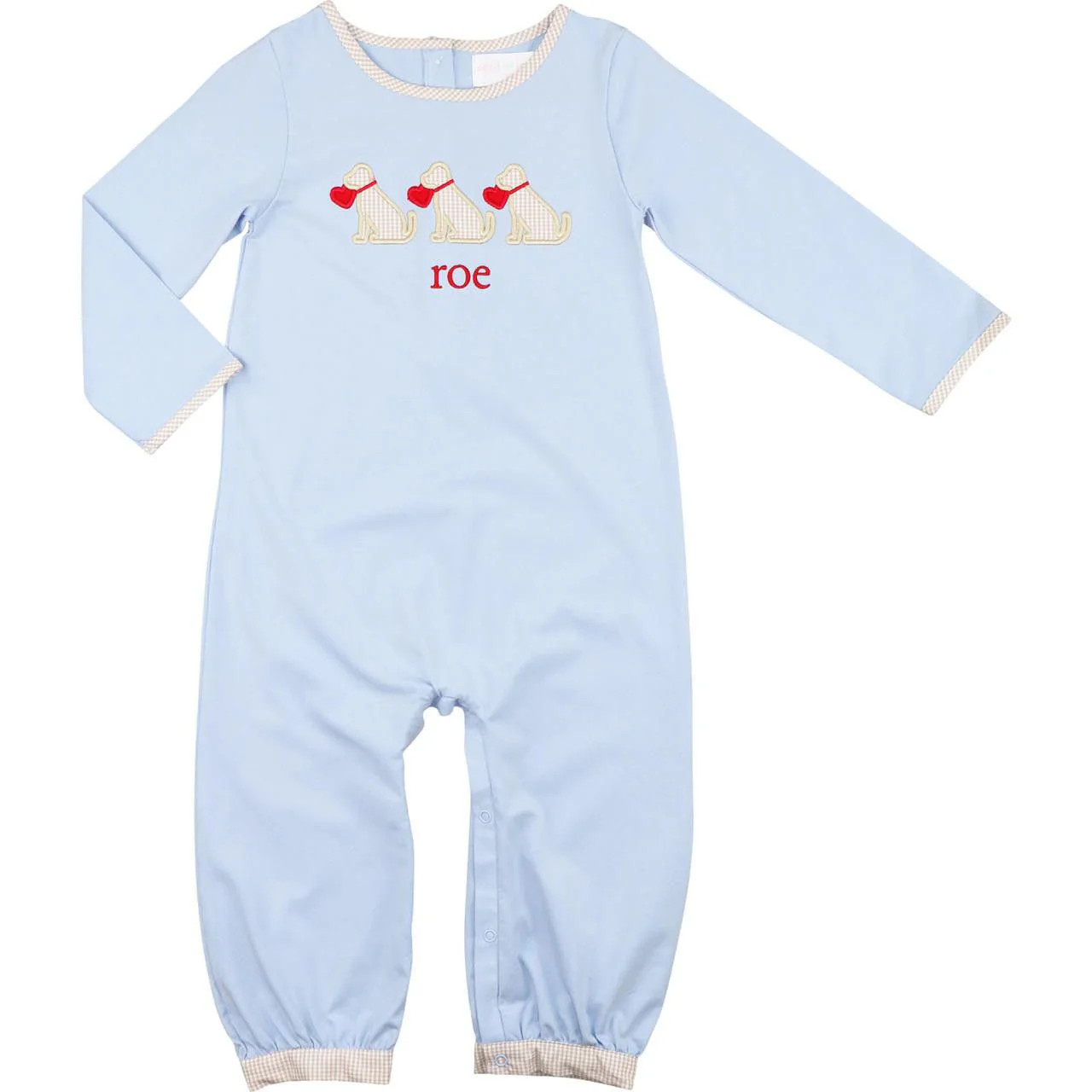 Blue And Khaki Gingham Valentine Puppies Long Romper | Cecil and Lou