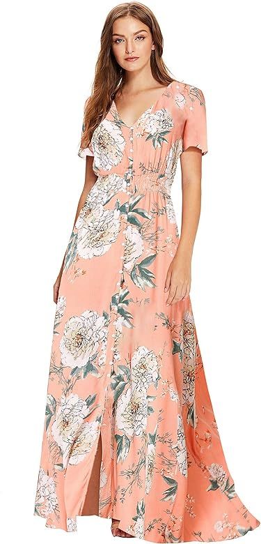 Milumia Women Floral Print Flowy Short Sleeves Button Down Split Long Maxi Dress | Amazon (US)