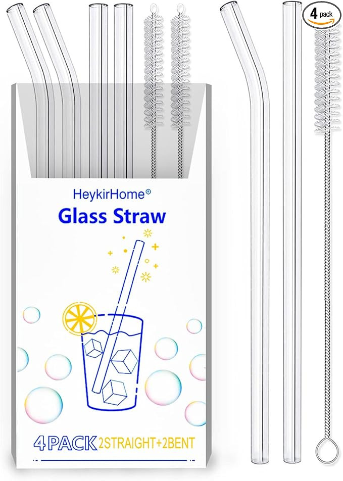 4-Pack Reusable Glass Straw, Size 8.5''x10 MM,Including 2 Straight and 2 Bent with 2 Cleaning Bru... | Amazon (US)