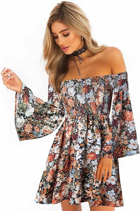 ONEYIM Women's Dress Summer Floral Long Sleeve Off Shoulder Casual Mini Dresses | Amazon (US)