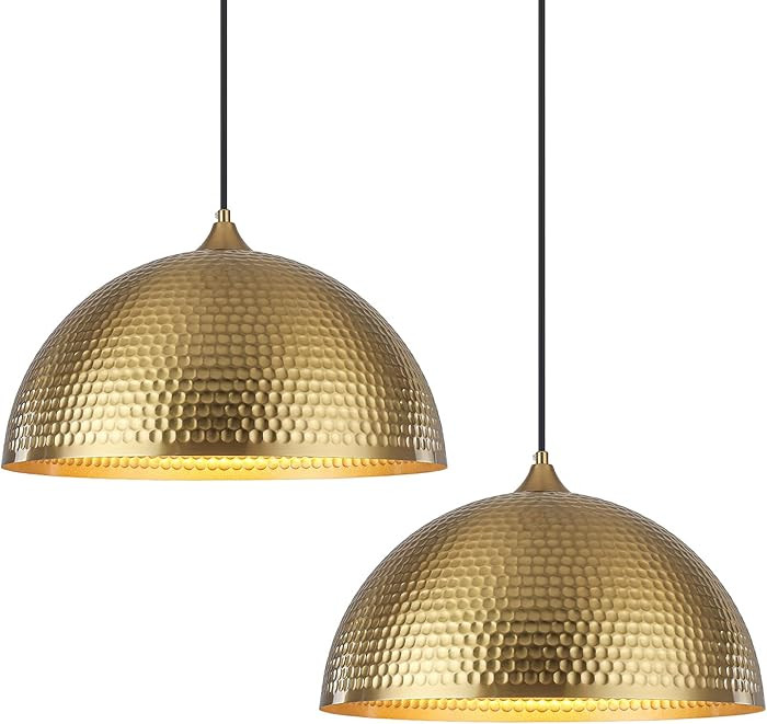 Gold Pendant Light 16 inch, Hammered Large Dome Pendant Light, Industrial Farmhouse Pendant Light... | Amazon (US)