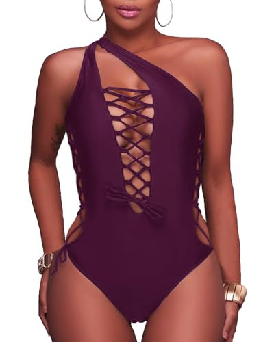 Holipick Women Dark Purple Sexy One Piece Swimsuit One Shoulder Bathing Suit Lace Up Monokini Swimwear L | Amazon (US)
