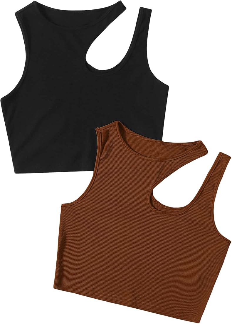 Milumia Women 2 Pack Cut Out Crop Tank Tops Cotton Sexy Concert Tee Shirts | Amazon (US)