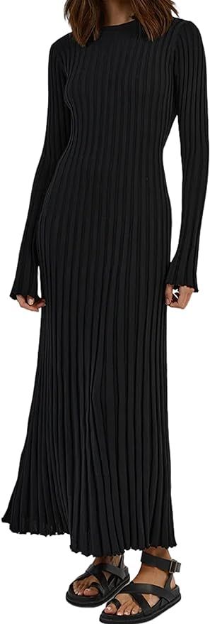 Meladyan Women Long Sleeve Ribbed Knit Pleated Maxi Dress Bodycon Crew Neck Ruched Slim Fit Fall ... | Amazon (US)
