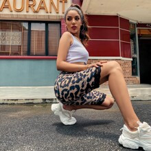 Leopard Print Contrast Lace Biker Shorts | SHEIN