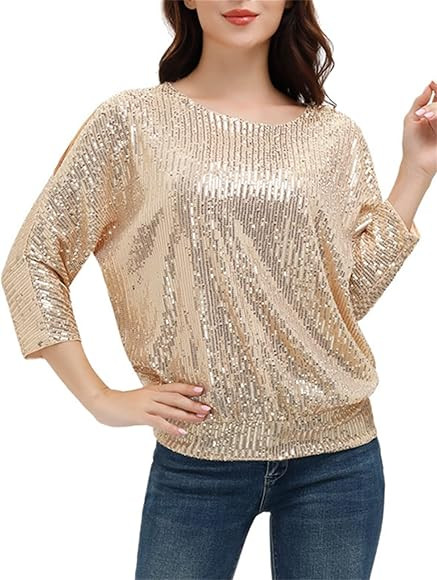 JASAMBAC 3/4 Bat Sleeve Sparkle Sequin Tops for Women Shimmer Glitter Cold Shoulder Loose 70S Dis... | Amazon (CA)