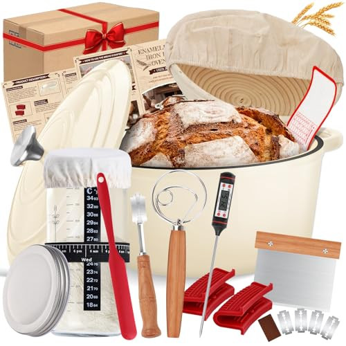 Enameled Cast Iron Dutch Oven Pot with Lid, Incl. Sourdough Bread Baking Supplies Like Banneton Bread Proofing Basket, Starter Jar, Scoring Tool Lame, 5QT Dutch Oven for Bread Baking, Oven Safe up to 500°F | Amazon (US)