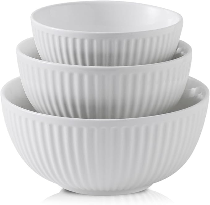 HASENSE Ceramic Ribbed Nesting White Bowls 1.5/1/0.5 Qt For Kitchen, Cooking, Baking and Serving ... | Amazon (US)