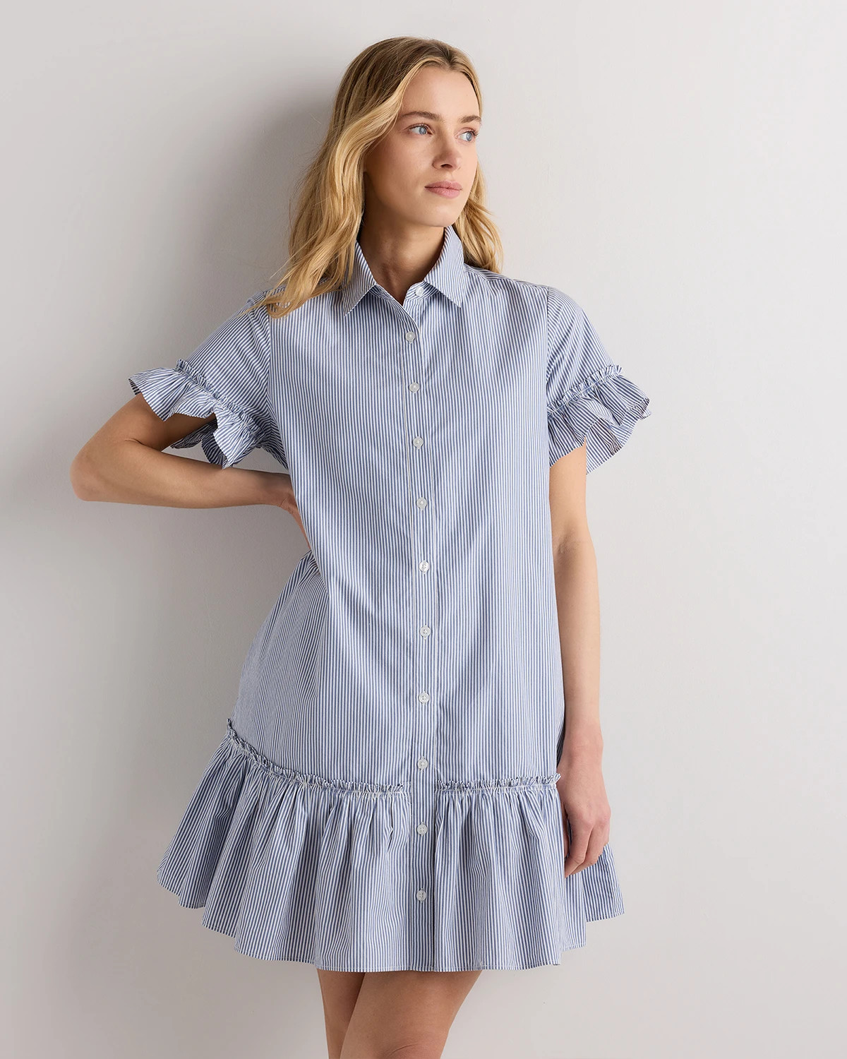100% Organic Cotton Poplin Short Sleeve Ruffle Shirt Dress | Quince