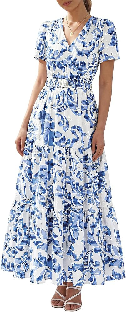 BTFBM Womens Summer Dresses 2026 V Neck Hollow Out Eyelet A Line Flowy Boho Beach Vacation Weddin... | Amazon (US)