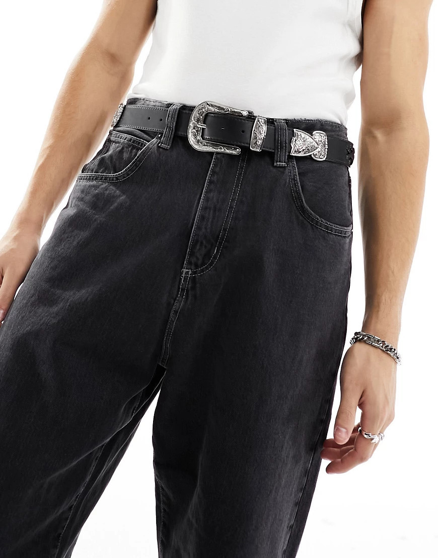 ASOS DESIGN faux leather western belt with weave detail and silver hardware in black | ASOS (Global)