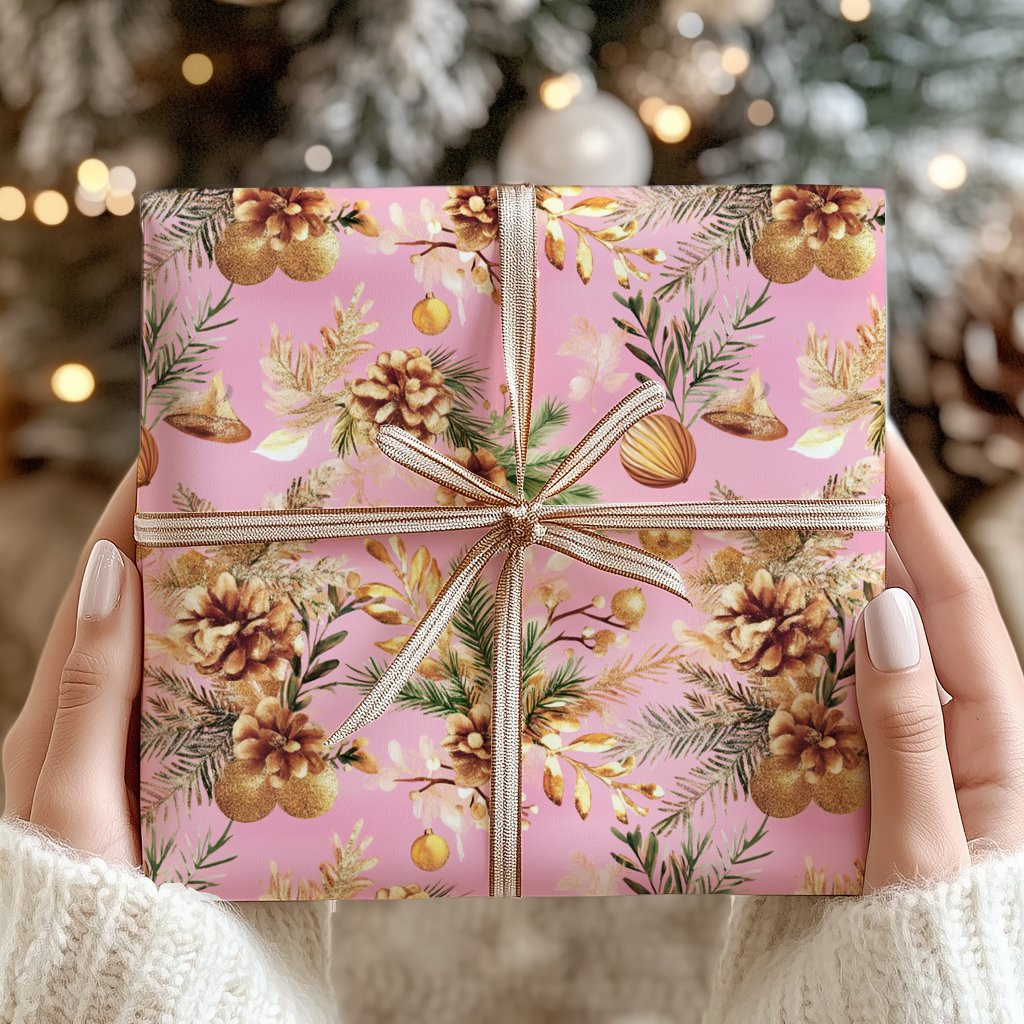 Pink Holiday Greenery Festive Christmas Wrapping Paper | Zazzle