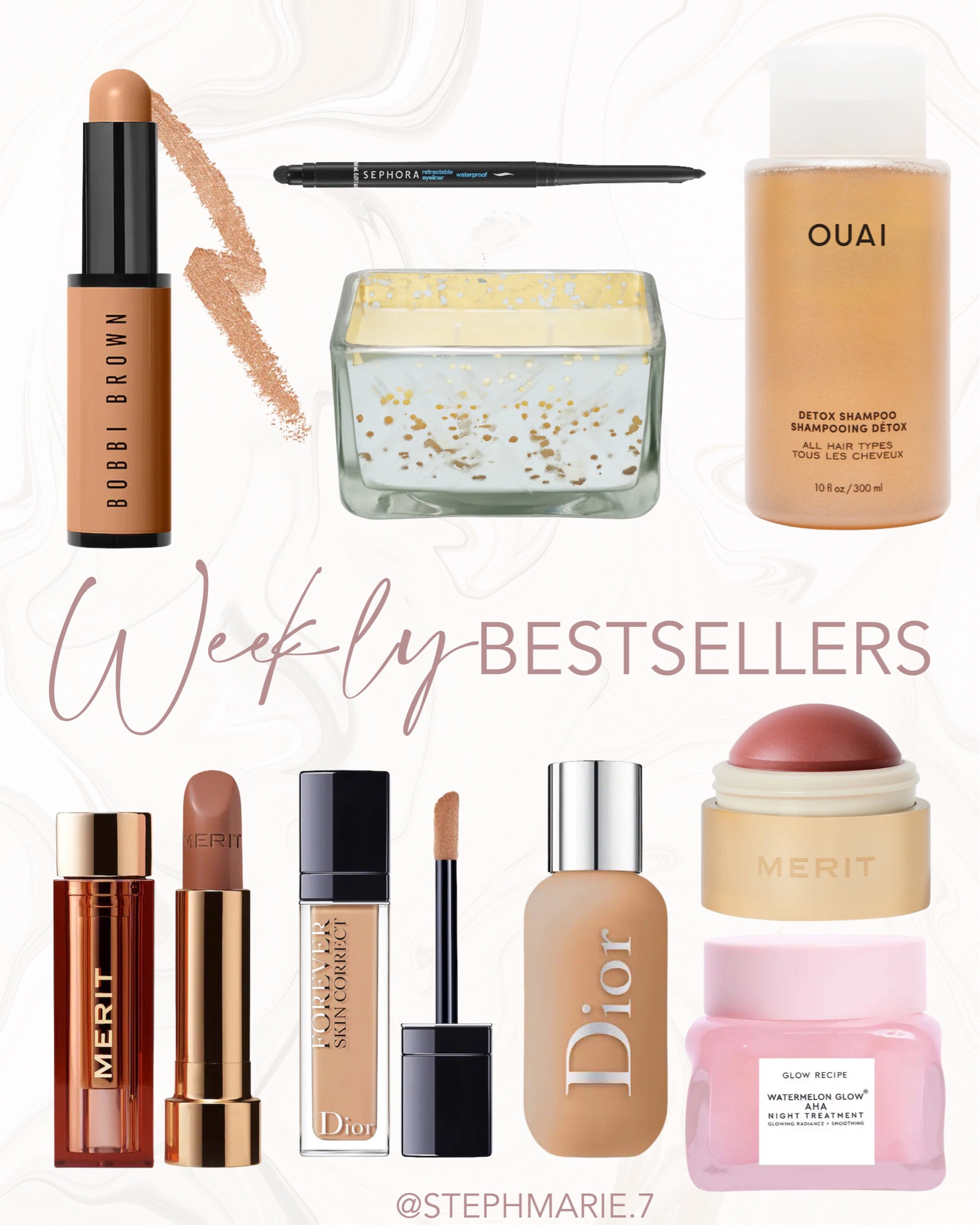 weekly best sellers / favorite products / favorites items / bobbi brown corrected stock / merit lip stock / dior foundation/ candle / merit blush / glow recipe/ dior concealer/ brown pen 

#LTKbeauty #LTKHoliday #LTKSeasonal