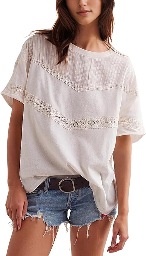 Yidarer Women Summer Oversized Lace Cotton Tops Crew Neck Short Sleeve Cute Shirts Casual Boho Cr... | Amazon (US)
