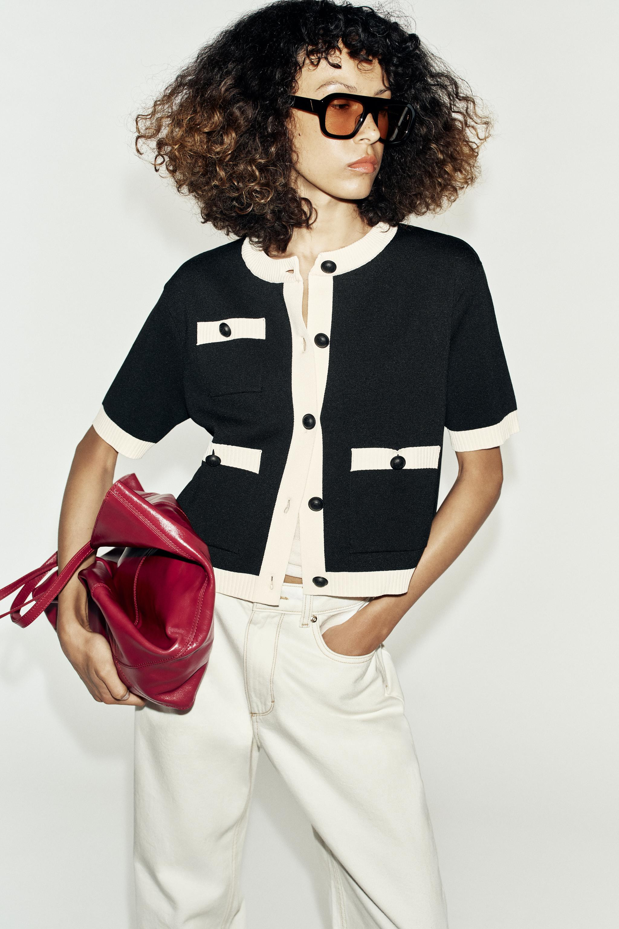 Round neck, short sleeve cardigan. Features front patch pockets, ribbed trims and front button fa... | Zara DE