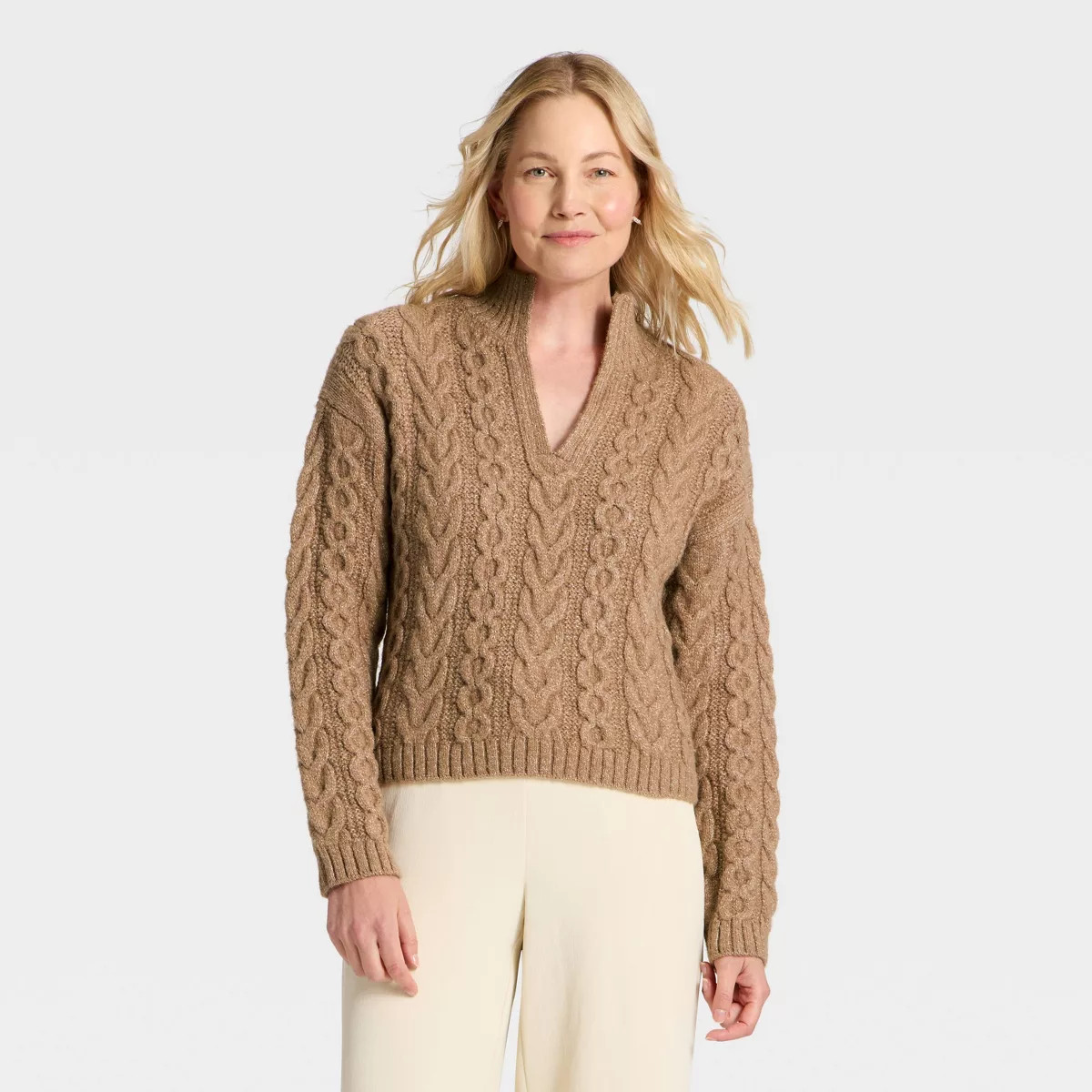 Women's Long Sleeve Split Neck Cable Pullover Sweater - A New Day™ | Target