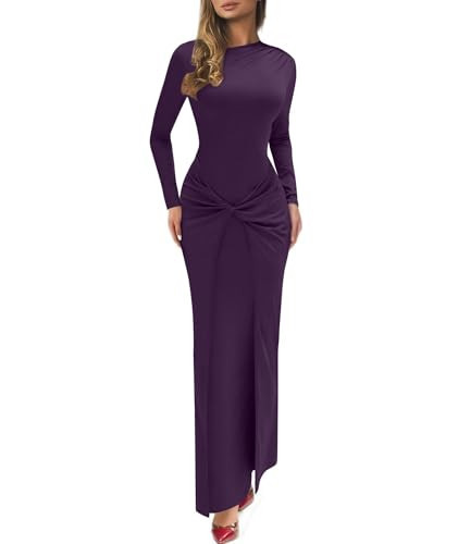 Mojessy Women Bodycon Maxi Dress Sexy Mock Neck Ruched Long Sleeve Long Dress Cocktail Party Dresses Purple | Amazon (US)