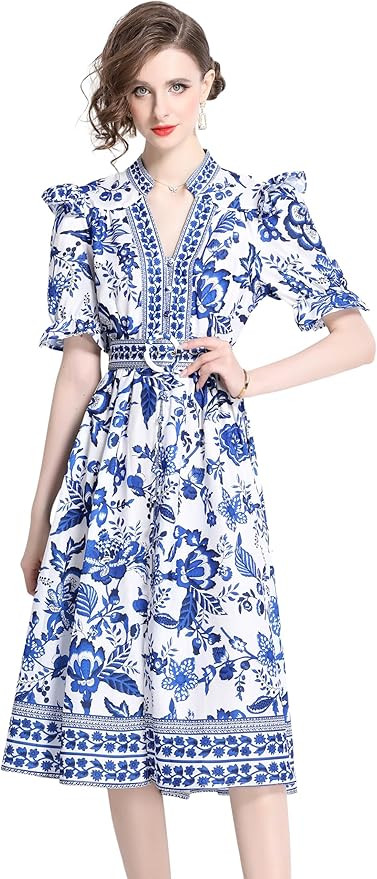 LAI MENG FIVE CATS Women's Button Up V-Neck Short Puff Sleeve Floral Print Split Casual Midi Dres... | Amazon (US)