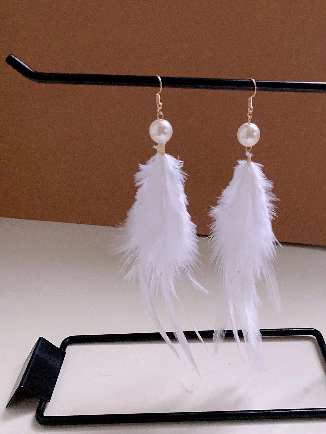 Feather & Faux Pearl Drop Earrings | SHEIN