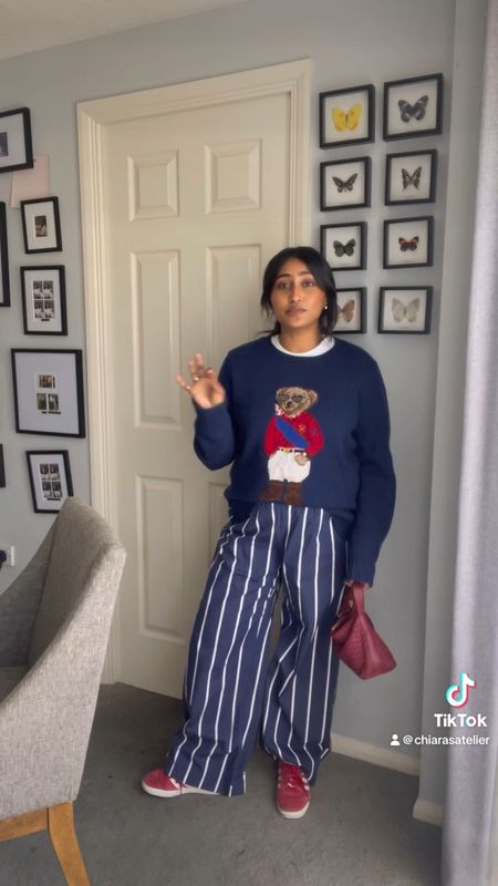Transitional outfit, autumn outfit, fall fashion, navy outfit, stripe trousers, pyjama styling, navy crew neck, teddy bear sweater, red trainers, sambas, gazelles, red bag, Ralph Lauren, Aligne, Anthropologie, Bershka, Adidas

#LTKeurope #LTKstyletip #LTKSeasonal