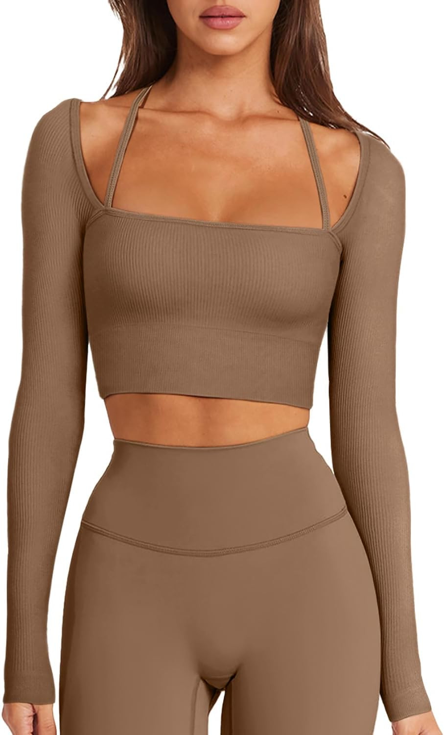 LASLULU Womens Sexy Halter Neck Crop Top Seamless Long Sleeve Workout Tops | Amazon (US)