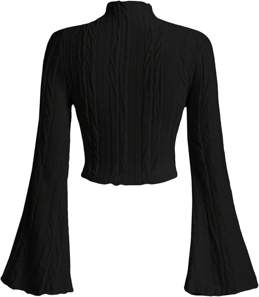 Verdusa Women's Lettuce Trim Bell Sleeve Mock Neck Textured Crop T Shirt Tee Top | Amazon (US)