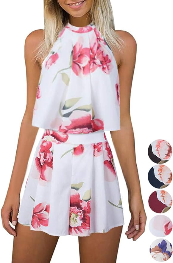Women's Floral Printed Summer Dress Romper Boho Playsuit Jumpsuits Beach 2 Piece Outfits Top with... | Amazon (US)