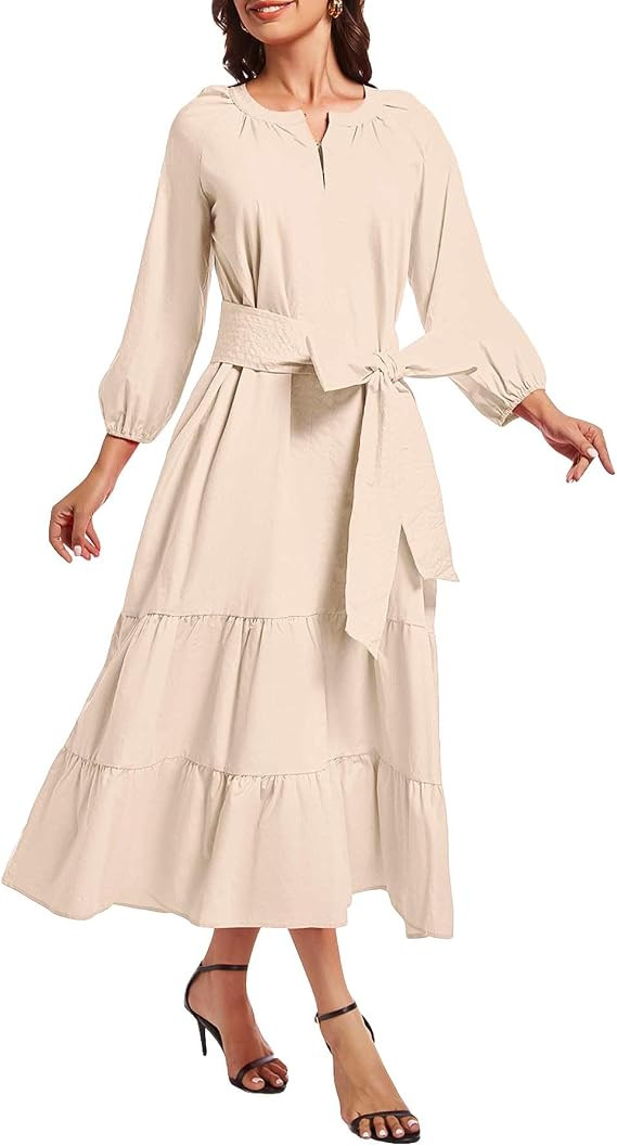YEXPINE Women's Ruffle Maxi Dress Puff Sleeve Flowy Tiered Long Dress with Belt | Amazon (US)