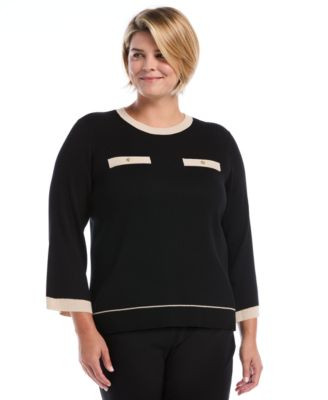 Rafaella Plus Size Contrast-Trim Crewneck Sweater - Winetastin | Macy's
