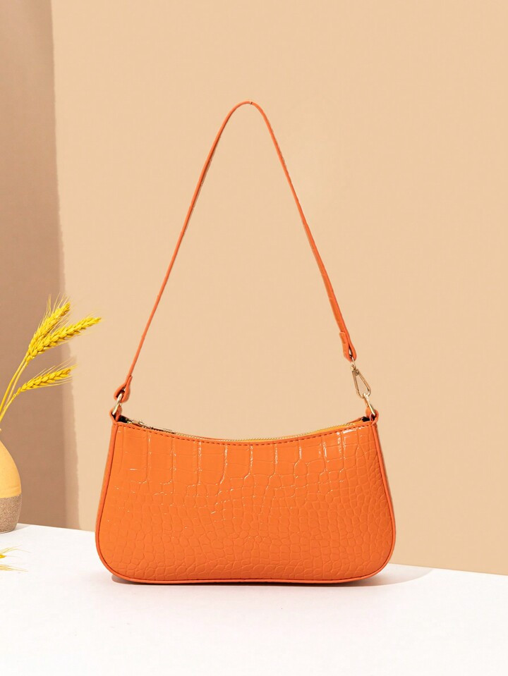 Women's Fashion Solid Color Crocodile Pattern Baguette Shoulder Bag | SHEIN