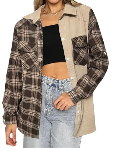 HOTOUCH Long Sleeve Plaid Shirts for Women Classic Flannel Blouse Color Block Comfy Button-Down Cotton Shirt Khaki M | Amazon (US)