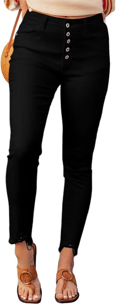 Sidefeel Womens Mid Rise Skinny Jeans Button Fly Raw Hem Denim Pants | Amazon (US)