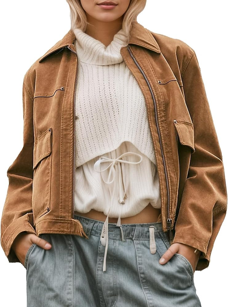 Women Vegan Suede Lightweight Cropped Jacket Loose Lapel Long Sleeve Zip Up Coat Casual Fall Outw... | Amazon (US)